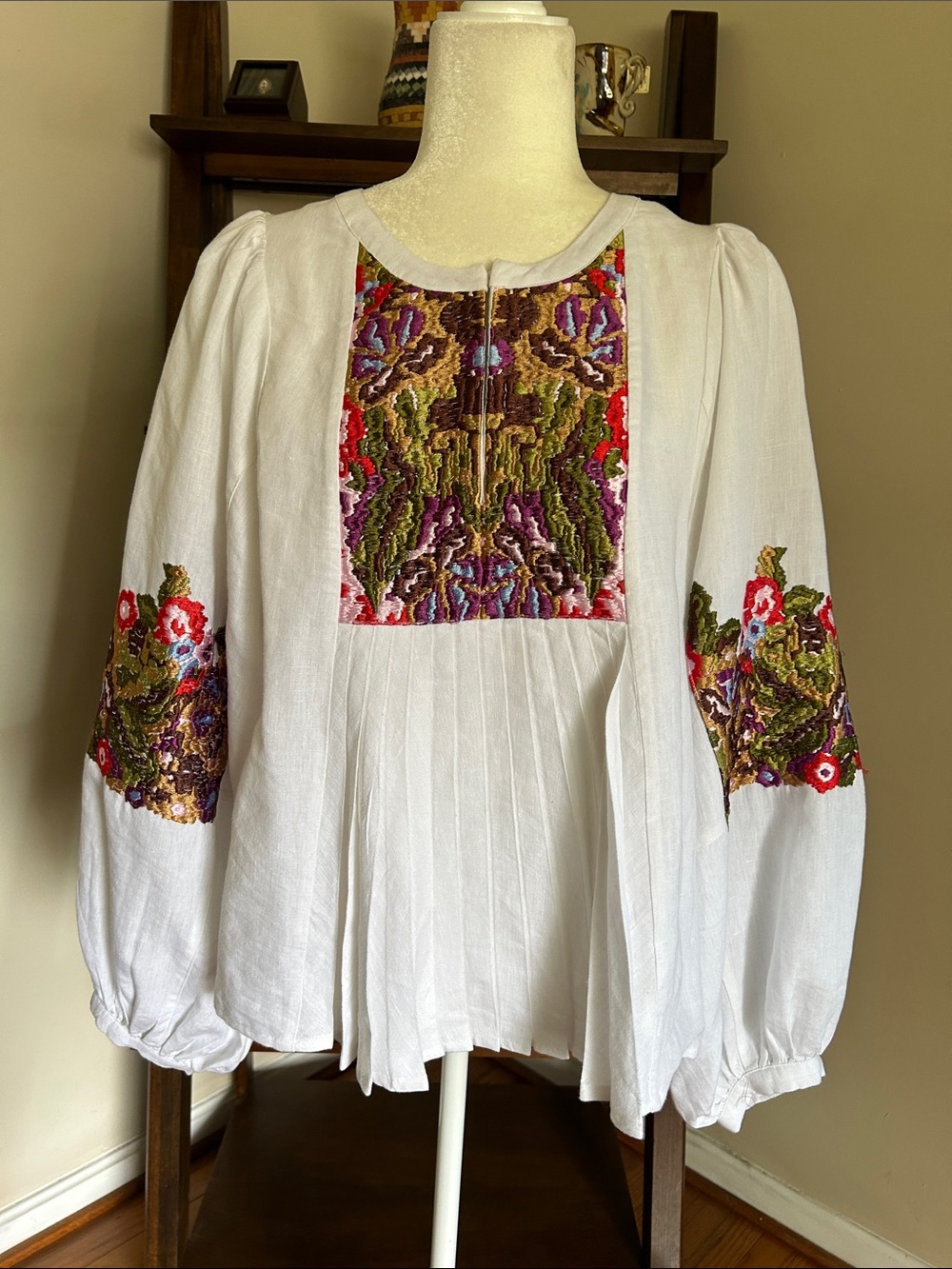 Banana Republic White Blouse with Multicolor Embroidered Panels